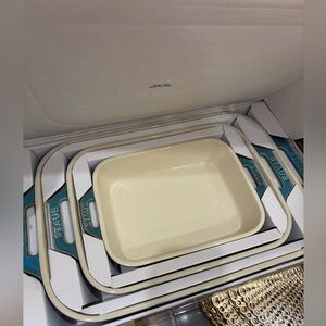 Staub Cream Rectangular Nesting Baking Dishes with Teal Handles